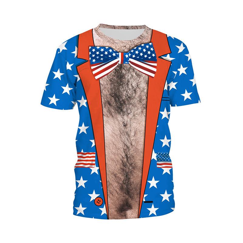 Summer Round Neck 3D American Flag and Animal Graphic Print T-shirts Fashionable Casual Short Sleeved Men's T-shirts