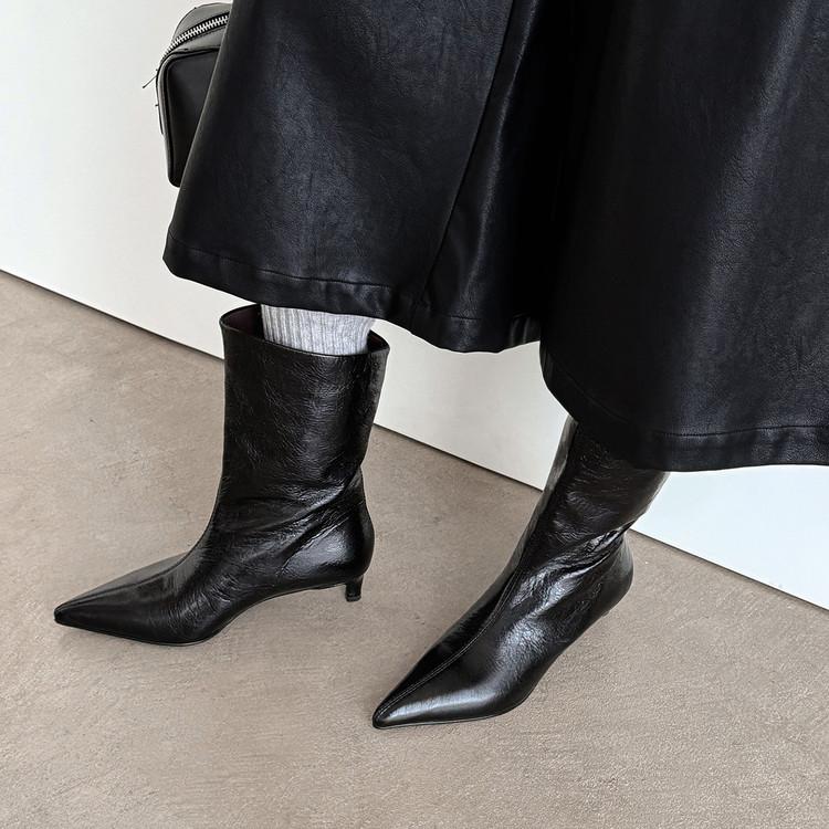 Fashion New Autumn/winter Genuine Leather Women Boots Pointed Toe Shoes for Women Fashion Boots Mid Heels Mid-calf Boots Shoes Versatile