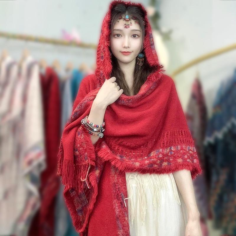 Bohemian Ethnic Hooded Shawl with Tassels - Women's Knitted Cardigan Cape