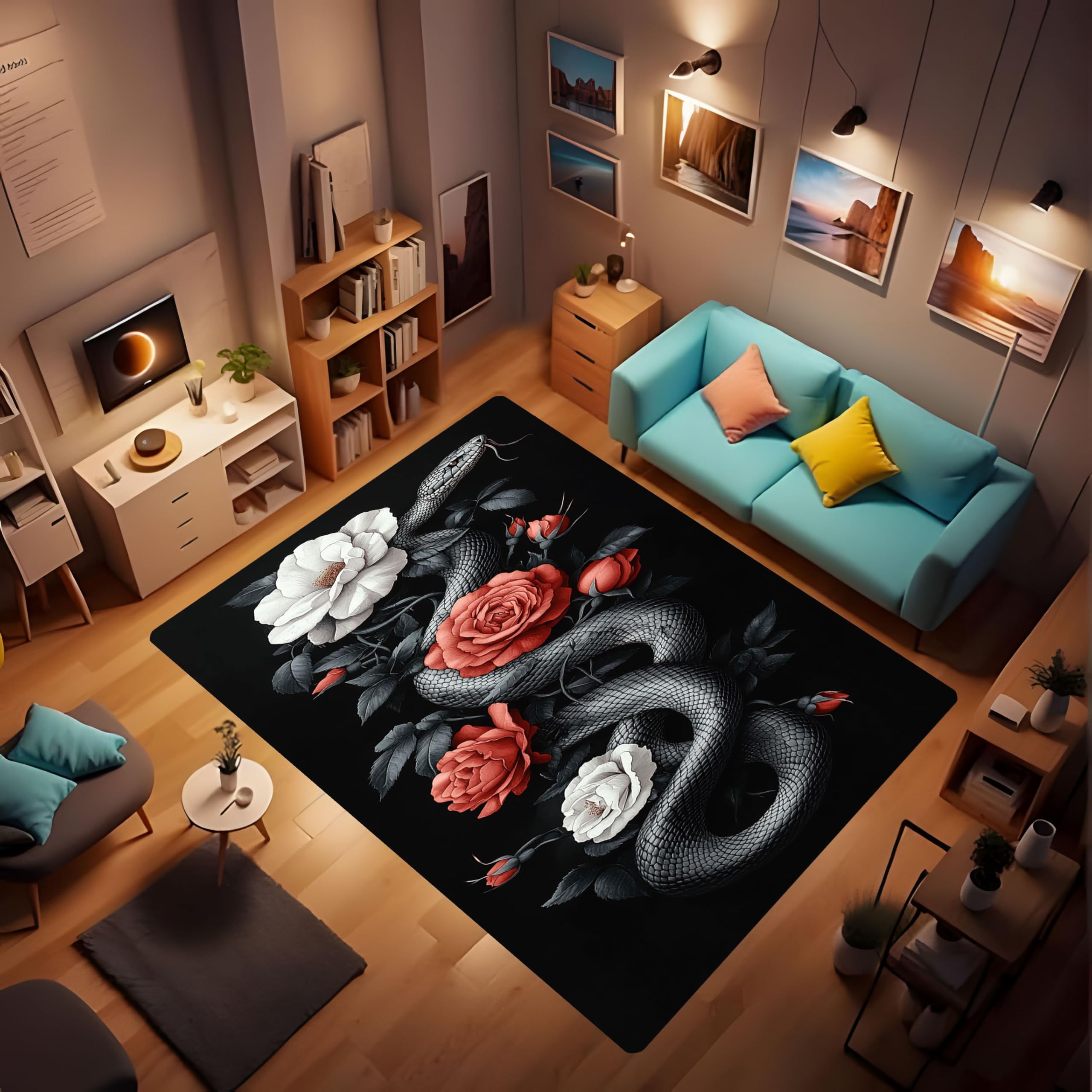 

Snake Rug, Stylish Simple Black Background White Snake Animal Carpet, Soft and Comfortable Room Decoration Snake Carpet Washable Rug, Suitab 80cm x 120cm