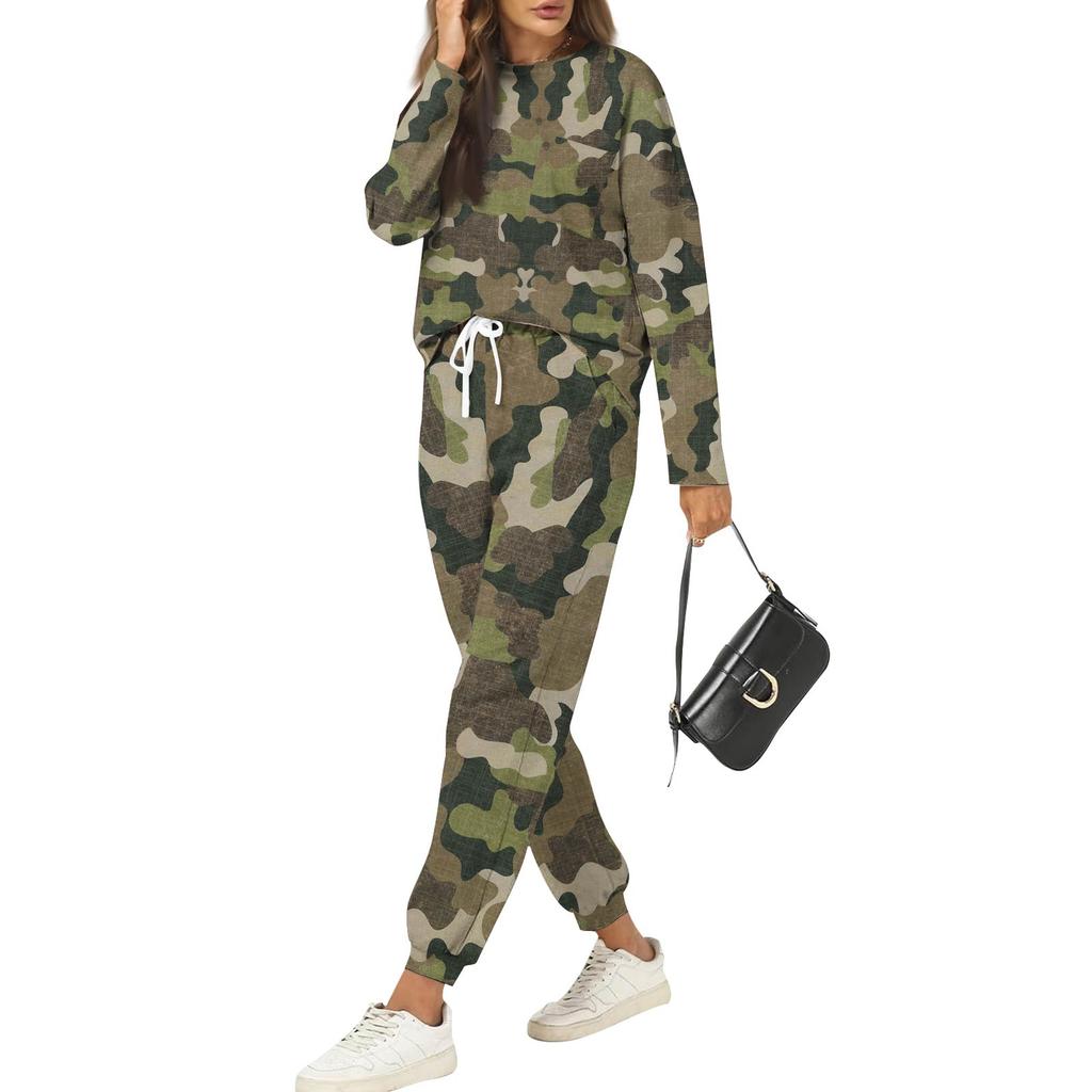 Sets For Women 2 Piece Round Neck Long Sleeve Shirts Printed Sweatpants Pocket Sets