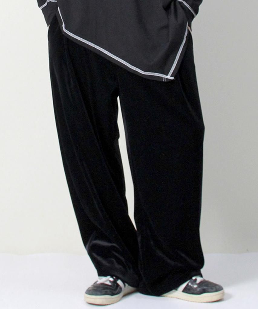 Deumakeu Velvet Laminated Single-Pleat Real Wide Pants Black