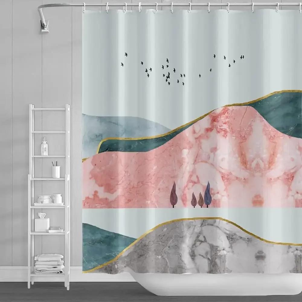 Blue Shower Curtain, Marble Shower Curtain for Bathroom Stall RV Watercolor Abstract Waterproof Fabric Shower Curtain Set