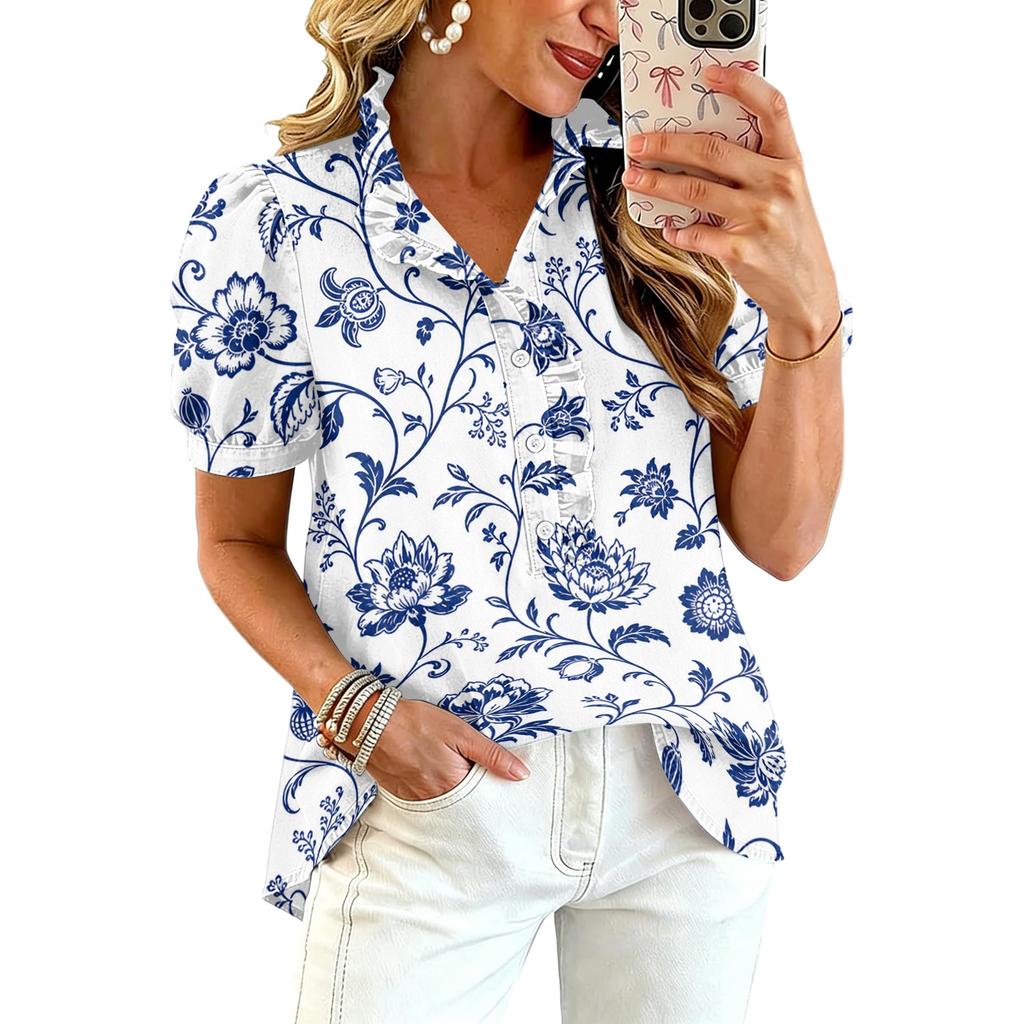 Women Ruffle V Neck Floral Print Short Sleeve Blouse Casual Loose Fit Button Down Top for Daily Office Wear