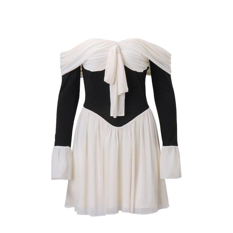 

French style Sexy Retro Red off-Shoulder Long sleeve dress Women Waist Hugging Slimming Pleat Mesh Formal Dress Short dress White L