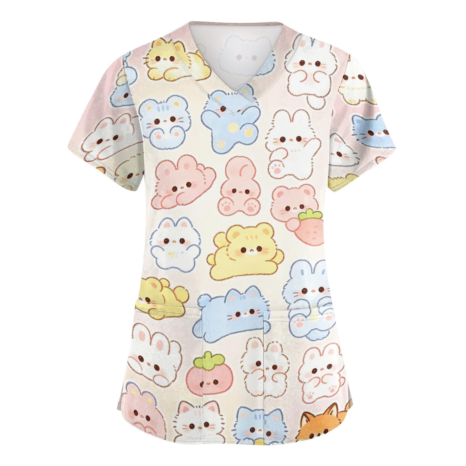 

Women s V Neck Short Sleeve Work Top with Pockets Animal Print Medical Scrub Shirt for Healthcare Professionals Comfortable Fit XXXXL бежевий
