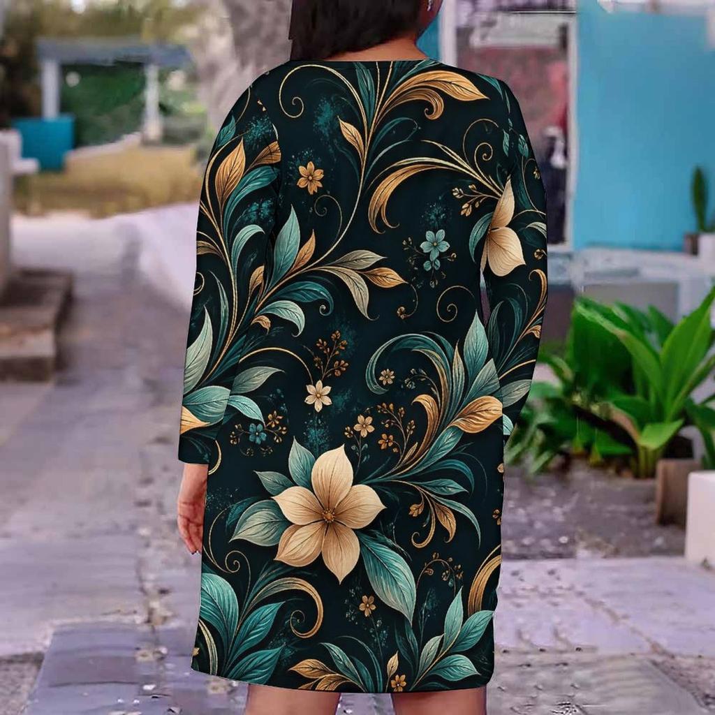 Women Plus Size V Neck Long Sleeve Floral Printed Dark Green Fitted Dress