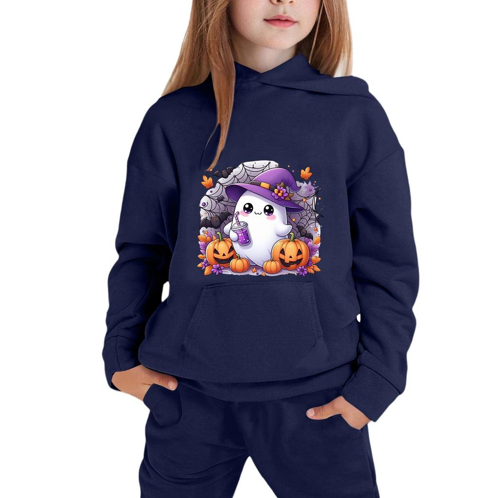 Kids Halloween Hoodie Pullover Sweatshirt with Ghost Pumpkin Print Long Sleeve Casual Top for Boys Girls