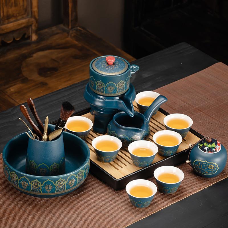 Household tea brewing light luxury blue ancient rhyme automatic tea set Household lazy tea brewing device light luxury ceramic stone grinding teapot