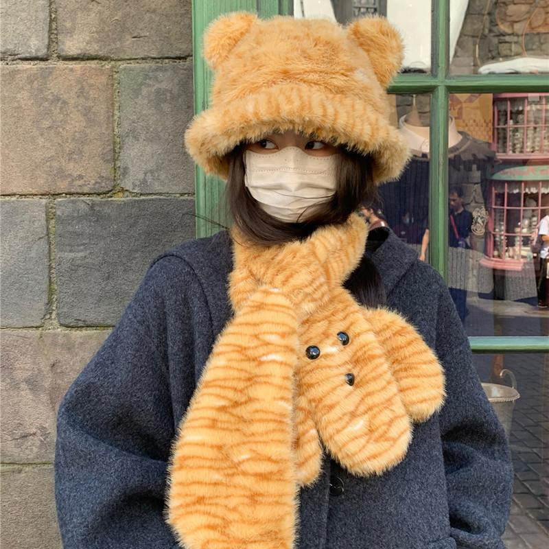 Cute Bear Ears Plush Fisherman Hat Women's Neck Protector To Prevent Cold and Warm Cartoon Neck Scarf