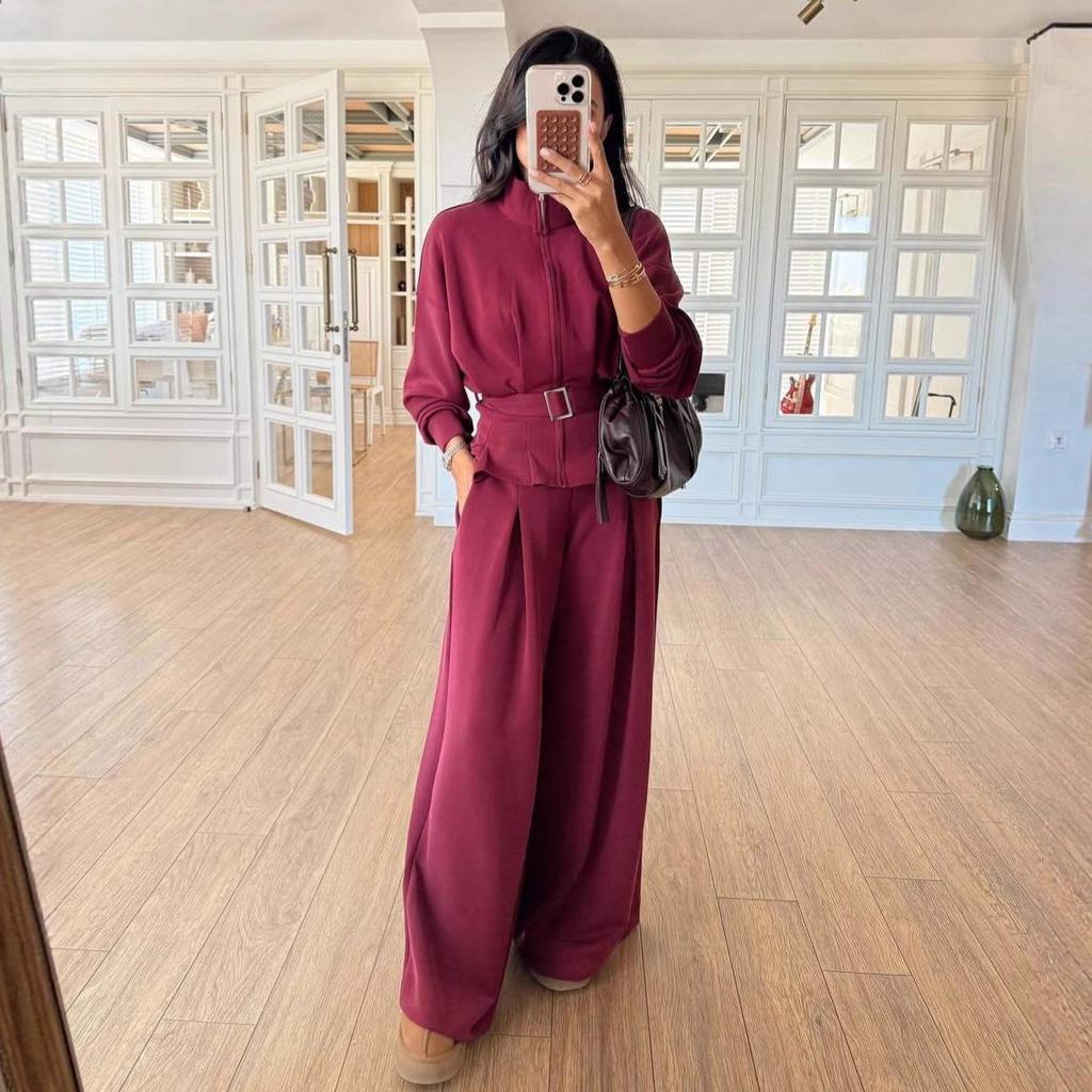 2025 Women's Zipper Long Sleeve Sports Casual Pants with Belt - Wide Leg Set