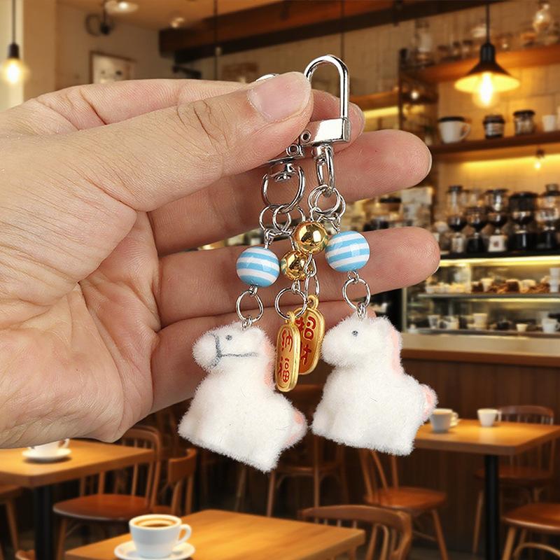 Cute Cartoon Flocking Animal Fortune Horse Keychain Bag Earphone Pendant Decoration Zodiac Horse Car Keyring New Year Gift