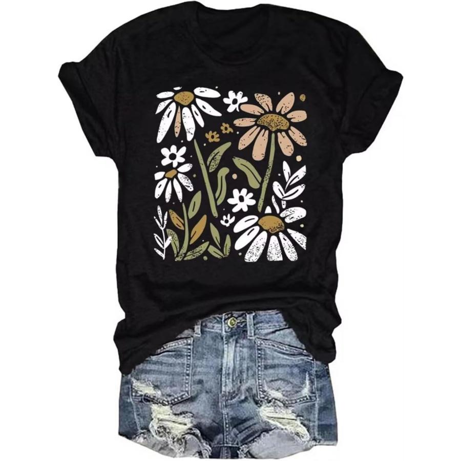 Vintage Floral T Shirt Women Boho Flowers Graphic Tees Shirts Cute Wildflowers Shirt Summer Casual Short Sleeve Tops XXXXXL разноцветный