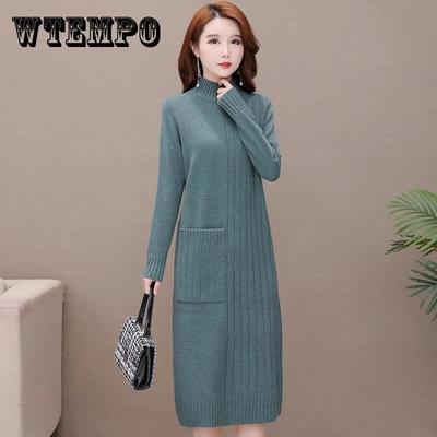 Autumn Winter Mid-length Knitted Dress Women's Solid Color Pullover Dress Thickened Half High Collar Bottoming Knitted Pockets Dress