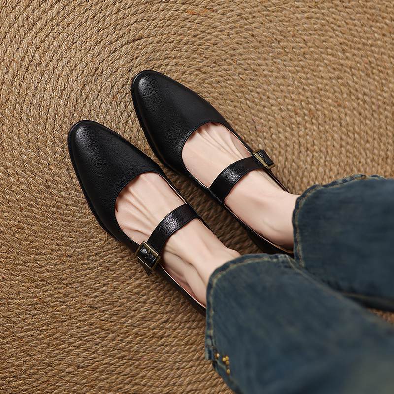 Krazing Pot Sheepskin Autumn Winter Shoes Buckle Straps Low Heels Mary Janes Size 40 Round Toe Brown Color Pumps