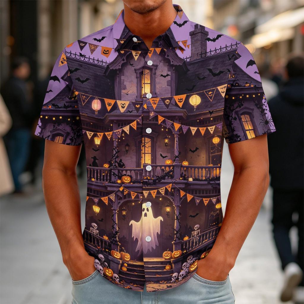 Men's Halloween Print Vintage Button Down Cardigan Shirt - Loose Fit Breathable Summer Casual Streetwear Top