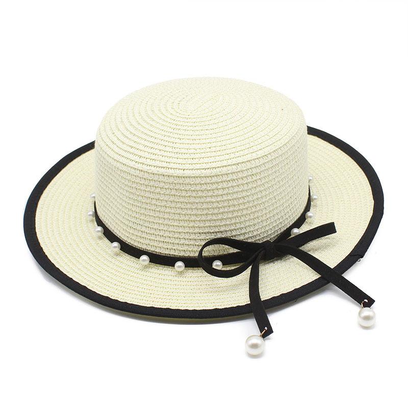 Perlenarmband Strohhut Damen Französisch Retro Kleiner Frischer Hut Britisch Weiß Flache Kappe Zylinder Trendig Ins Sommer