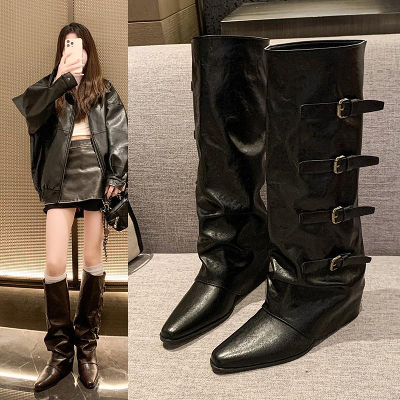 Belt Buckle~ Pants Boots Thick Heel Boots Long Boots Female European and American Babes High Boots Pointed Black Trousers Boots Fried Street