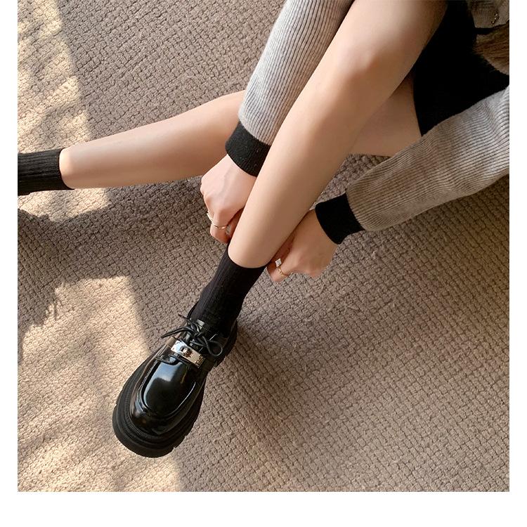 Leather loafers women's spring and autumn lace-up platform muffin heel single shoes British style black small leather shoes 827