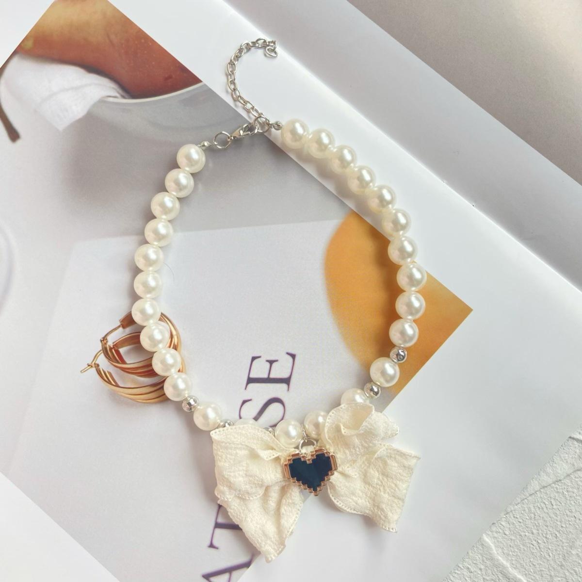

Cream Wind Pet Pearl Necklace Temperament Bow Elegant Princess Wind Cat Dog Accessories Kitten S:27+5.5cm