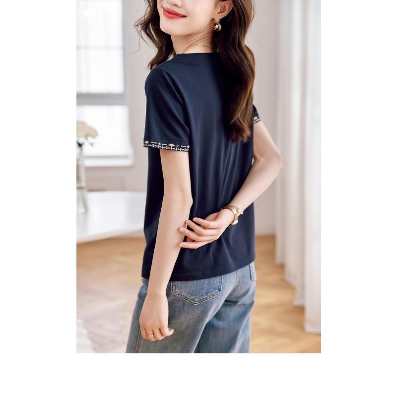 Women's V-Neck T-Shirt - Embroidered Trim Casual Short Sleeve Top
