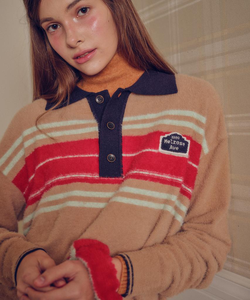 MELLY&ROSE Fluffy Stripe Polo Knit (310255)_Beige