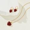 3PCS Vintage Red Heart Pendant Necklace Earrings Set for Women Simple Gold Color Necklace Earrings Fashion Female Party Jewelry