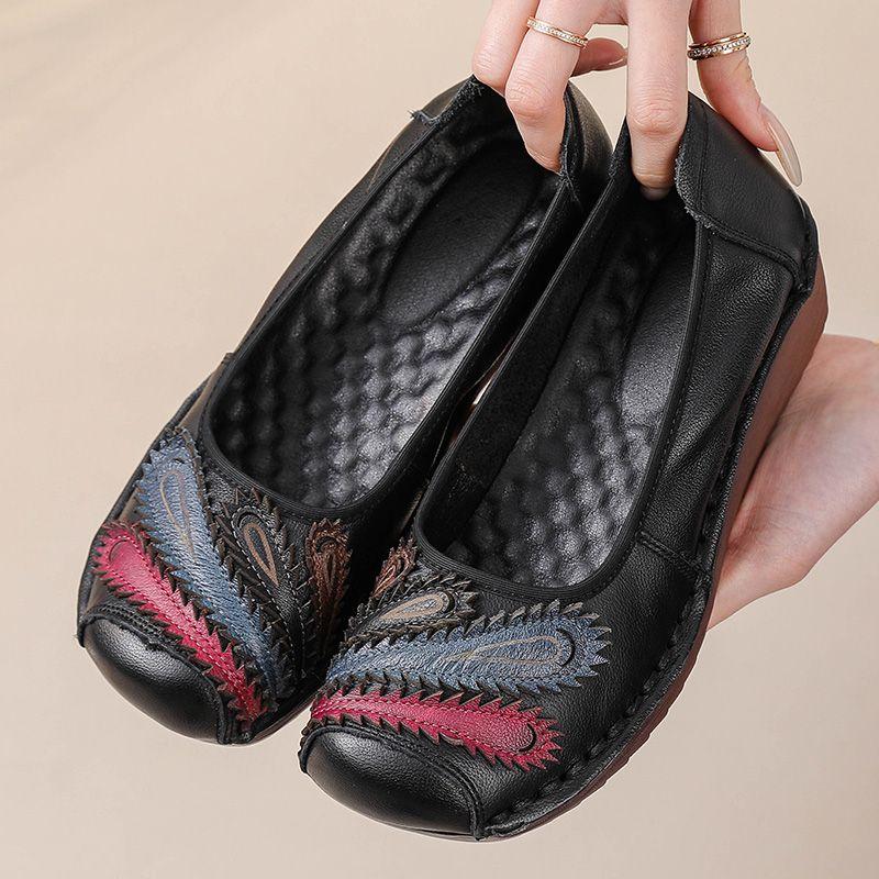 Fashion New 2025 Genuine Leather Wedge Flats Woman Patches Slip On Shoes Elegant Women's Loafers Handmade Platform Moccasin Ladies Flats