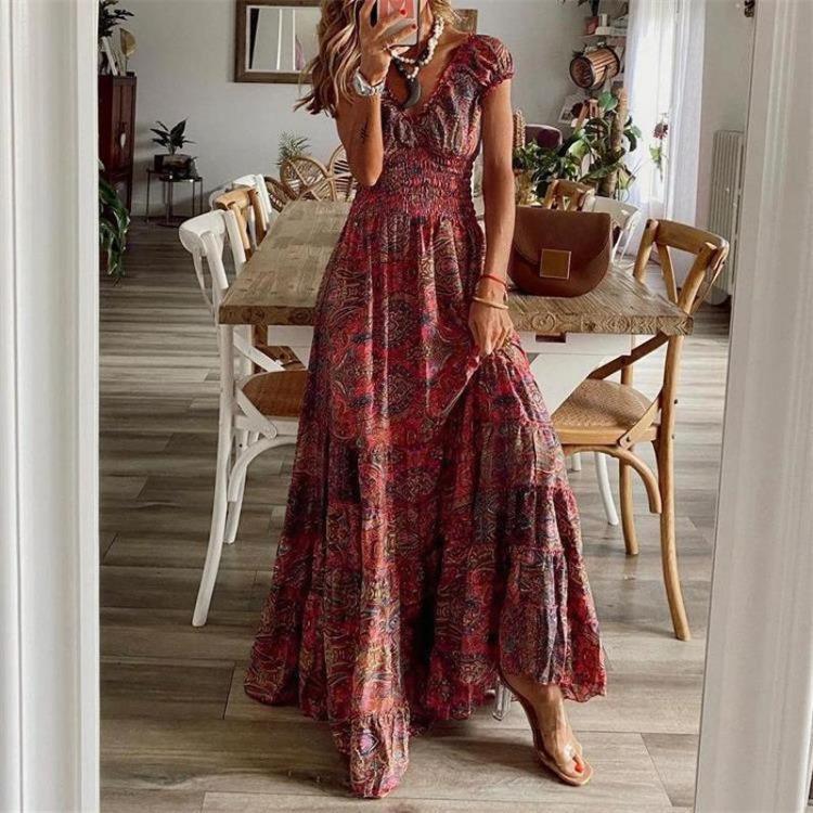 Summer Women Bohemian Retro Print Pattern Beach Dress Loose Long Sleeve Short V Neck High Waist Spring