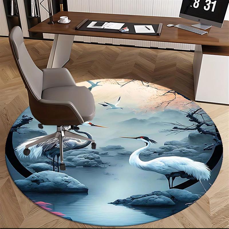 1pc Anime Crane Design Round Carpet Office Chair Mat, Non Slip Rug for Home Decor, Gift, Office, Living Room, Bedroom