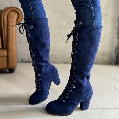 Herbst Damen Langstiefel 2026 Schuhe Mode Vintage Schnürstiefel Damen Rund Cowboystiefel Hohe Absätze Stiefeletten Schuhe Frau Botas Mujer