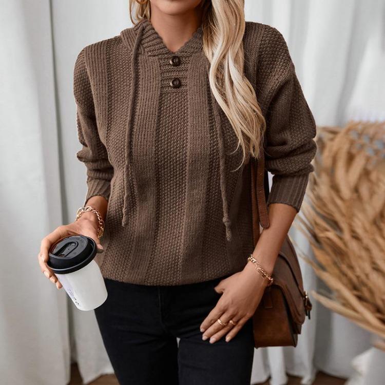 Vintage Hooded Pullover Sweater Solid Color V-Neck Knitwear Top Loose Long Sleeve Autumn Winter