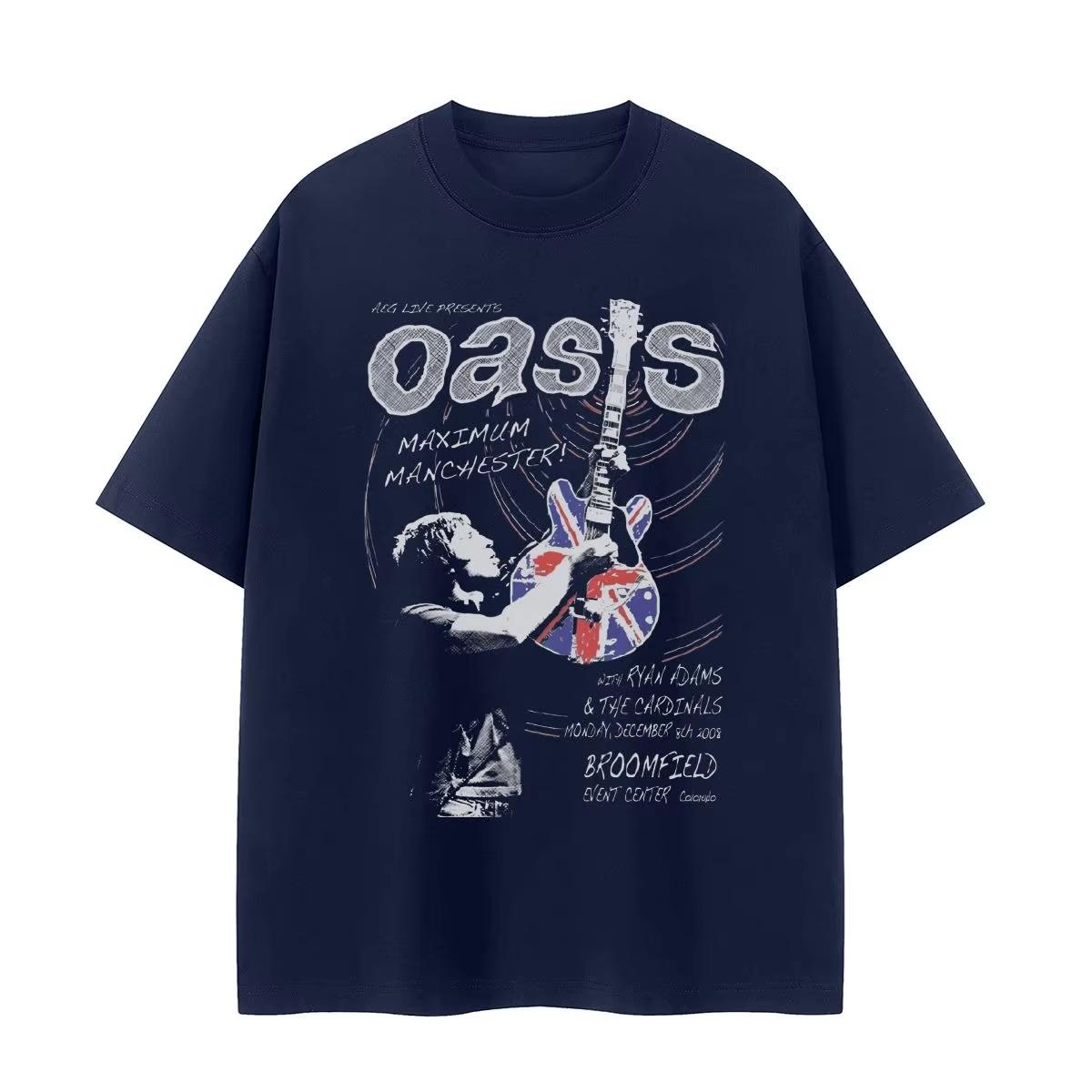 Oasis Band Retro Porträt Amerikanischer Street VTG Schulter Locker Baumwolle Rundhals Rock Herren und Damen Kurzarm T-Shirt XXXXL blue