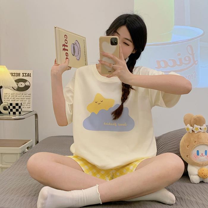 Summer Casual Loose Thin Women's Pajamas Set O-Neck T Shirt & Shorts Sleepwear 2 Pieces Sets Pajama for Girl Youth Homewear
