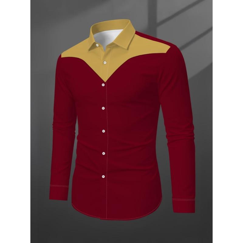 New Red Background Black Herringbone Baroque Print Men's Long Sleeved Shirt, Light Luxury Casual Formal Shirt
