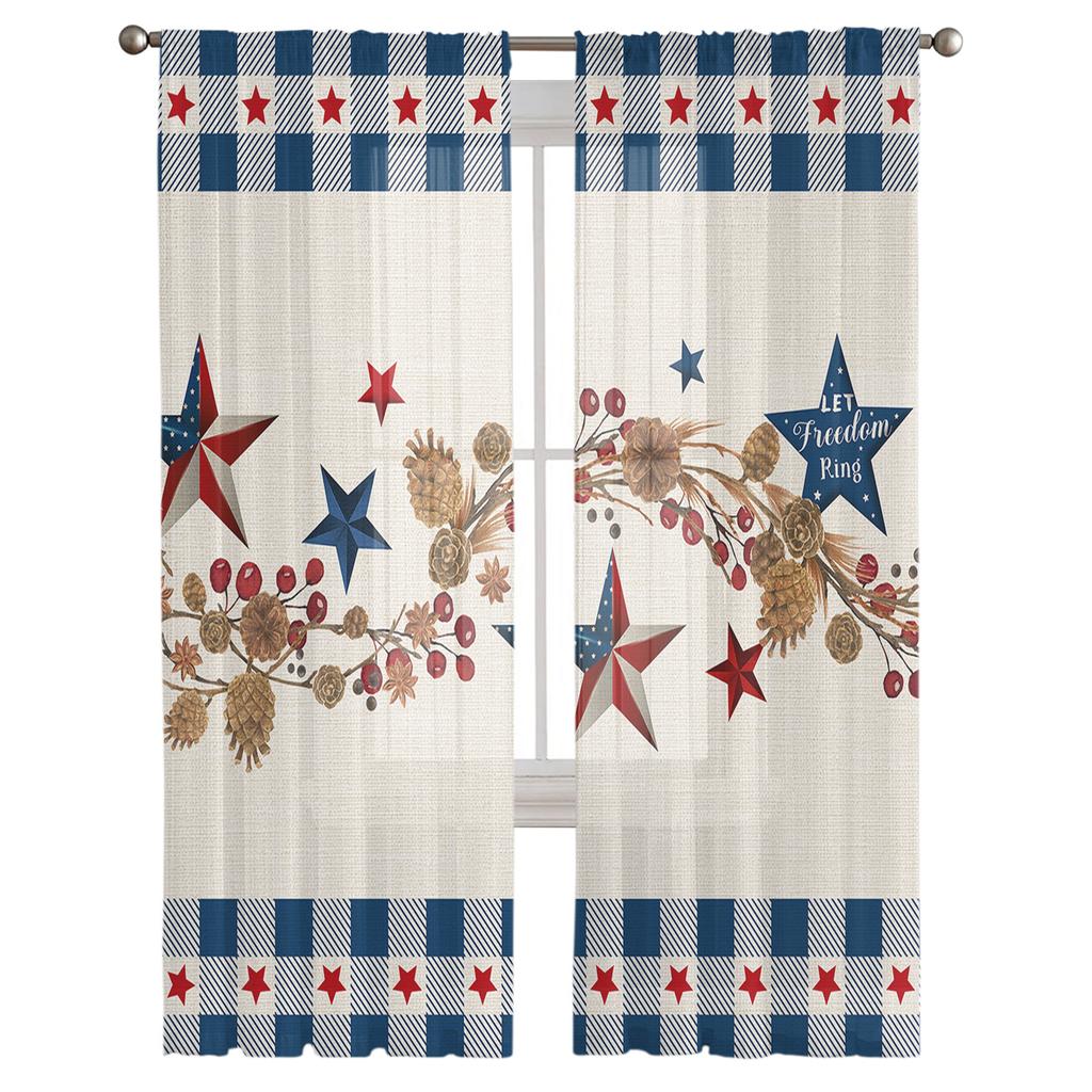 American Flag Pentagram Sheer Window Curtains For Living Room Kitchen Children Bedroom Voile Hanging Curtain