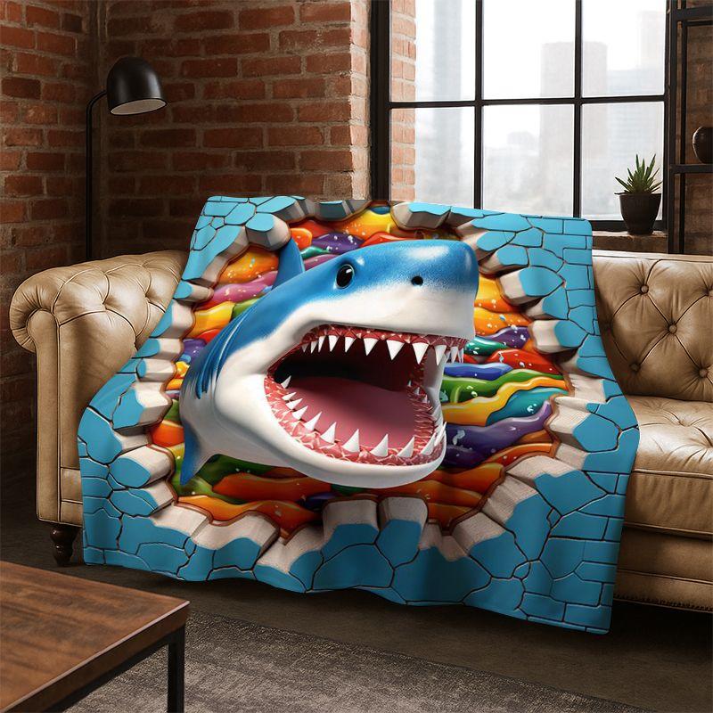 3D Illusion Underwater World Marine Life Shark Dolphin Cartoon Flannel Blanket Throw Blanket for Bedroom Living Room Bed Travel