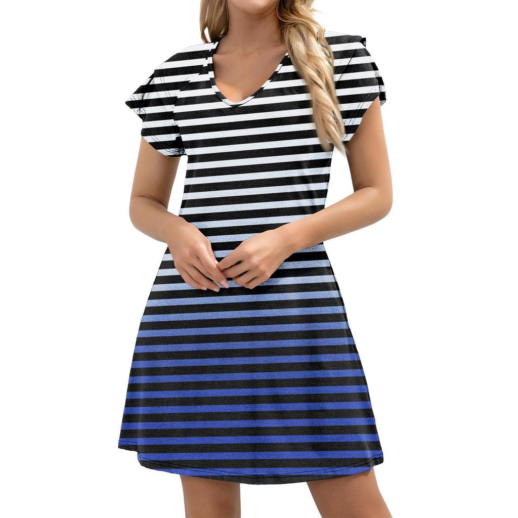 Women's Casual V-Neck A-Line Dress With Short Ruffled Edge Cuff Pocket Dress Cuff Pocket Dress