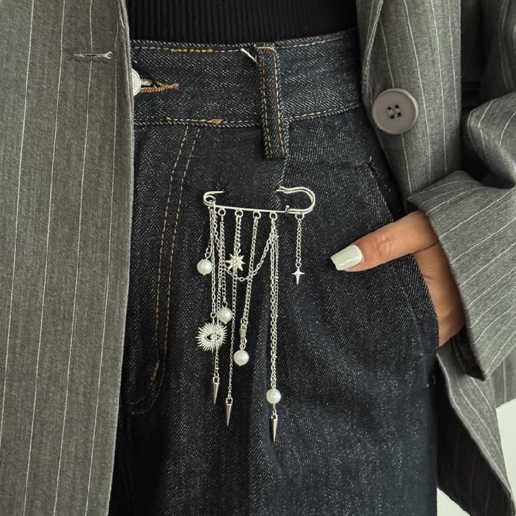 Rhinestones Pearls Brooch With Removable Alloy Chain For Pants Decoration And Fashion Accessories