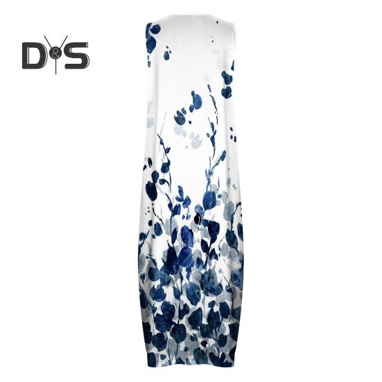 Women Summer Dress V-neck Sleeveless Floral Print Maxi Dress with Pockets Loose Fit Flowy Long Sundress