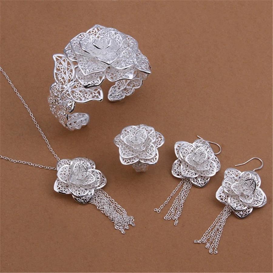 

925 sterling Silver Jewelry set for women flower Pendant bangle earrings rings bracelet necklaces fashion party Christmas Gifts resizable
