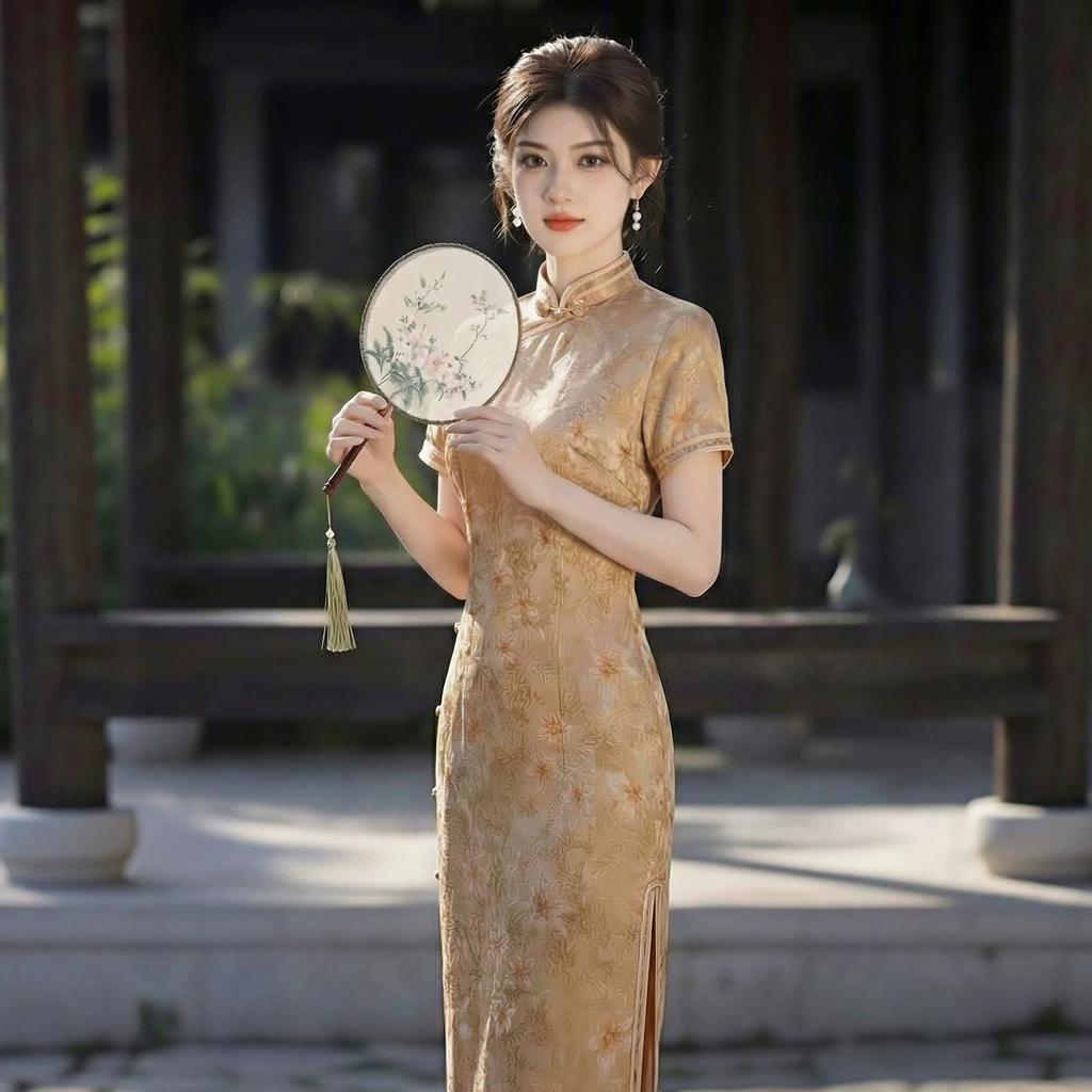 Retro national style golden cheongsam 1 new double-sided forging temperament thin waist daily improvement long dress