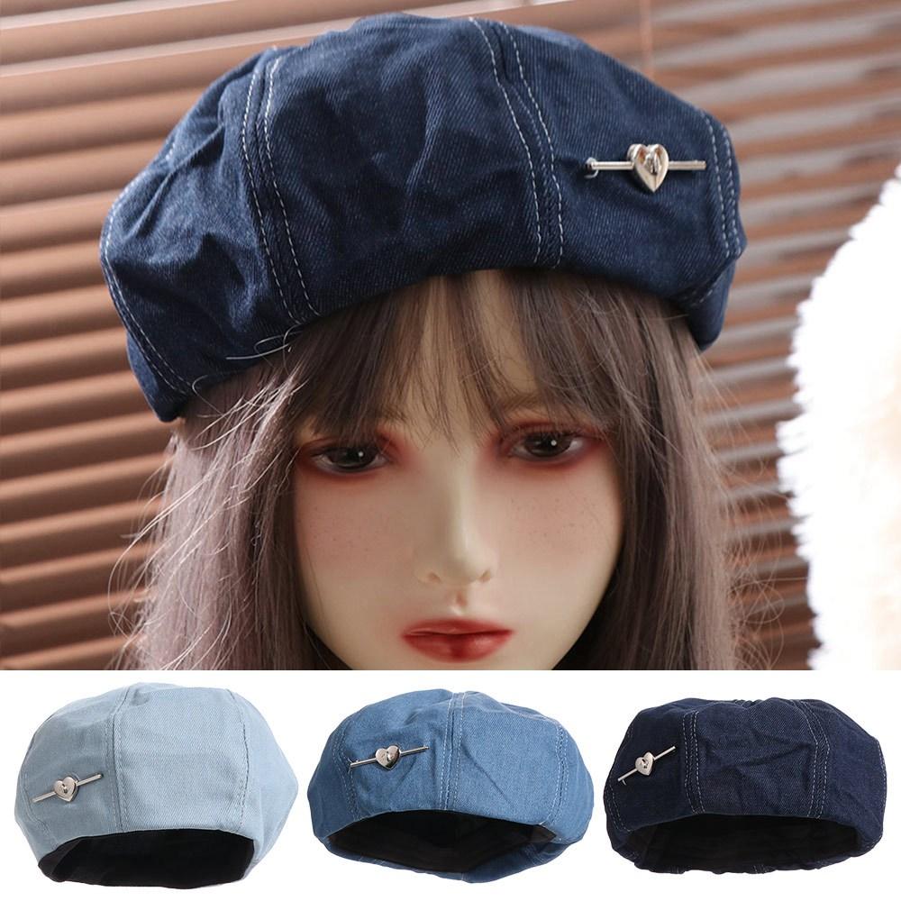 Y2K Love Heart Beret Korean Style Painter Hat Sweet Denim Octagonal Hat Travel