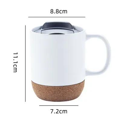 Einfache Keramik-Kaffeetasse mit Korkboden und Deckel, Spritzgeschützt, Hitzebeständig, Matt, Uni-Weiß, Schwarzer Korkboden, Teetasse