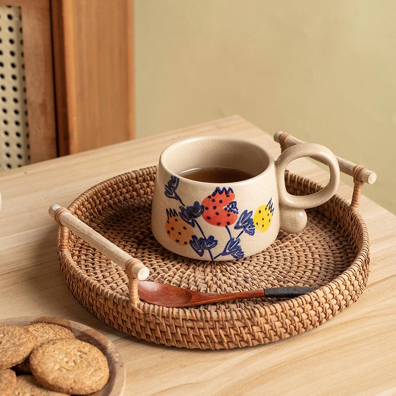 Ceramiczne Retro Filiżanki do Kawy Szorstka Kamionka Filiżanki do Latte Kubki Pastoralne Ręcznie Malowane Japońskie Niszowe Filiżanki do Herbaty Kreatywne Ręcznie Malowane Wzory