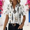 Women Plus Size Collared Neck Short Sleeve Printed Button Front White Shirt