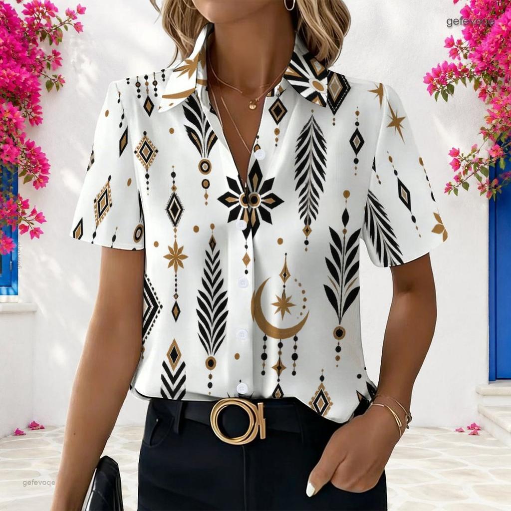 Women Plus Size Collared Neck Short Sleeve Printed Button Front White Shirt