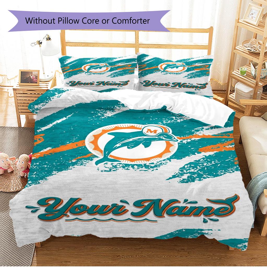 Name Custom Miami Dolphins Pattern Bedding Set Quilt Cover Pillowcase Home Decor Gift (1 * duvet cover + 2 * pillowcase, without core)