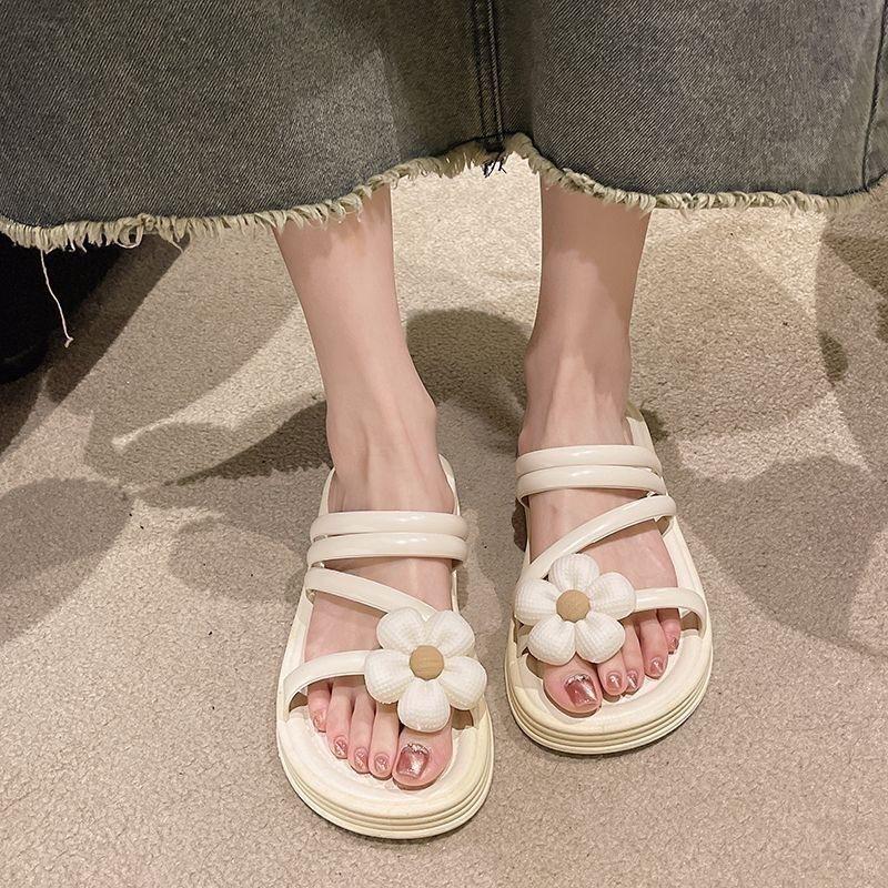 Coole Hausschuhe Damen Sommer neu ins Blumenfee-Stil vielseitig hohl dünner Riemen Französisch außen dicker Boden