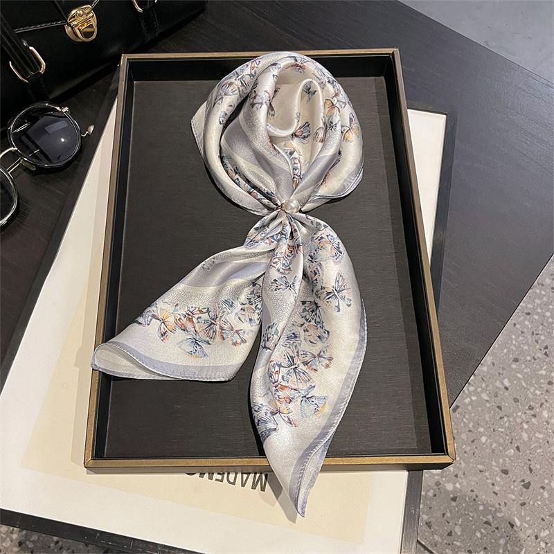 Women Butterfly Pattern Really Silk Scarf for Gift Bandana Square Scarves Kerchief Mulberry Silk Bag Wrap Handle Tie Headband
